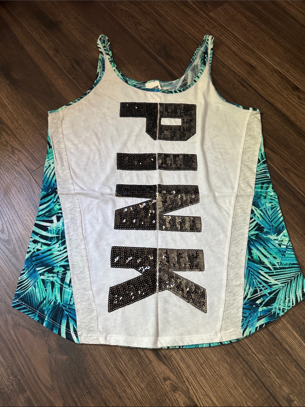 PINK Victoria's Secret White Tank with Black Sequin Logo & Teal Leaf Panels